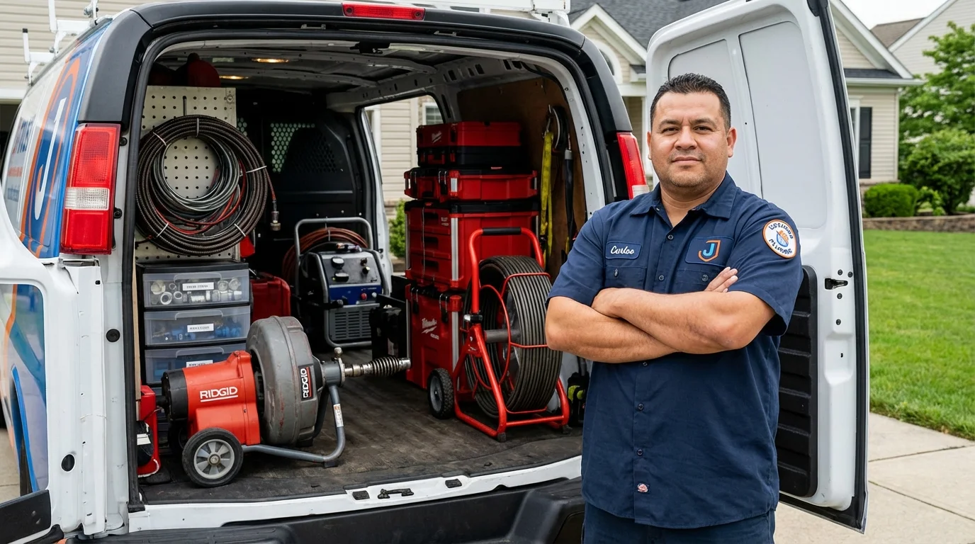 Professional drain cleaning equipment and Johns Plumbing LLC plumber in Bedford