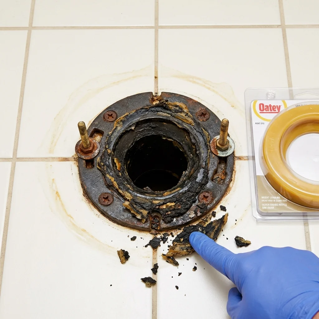Failed wax ring showing water seepage at the base of a toilet in a Bedford, PA home