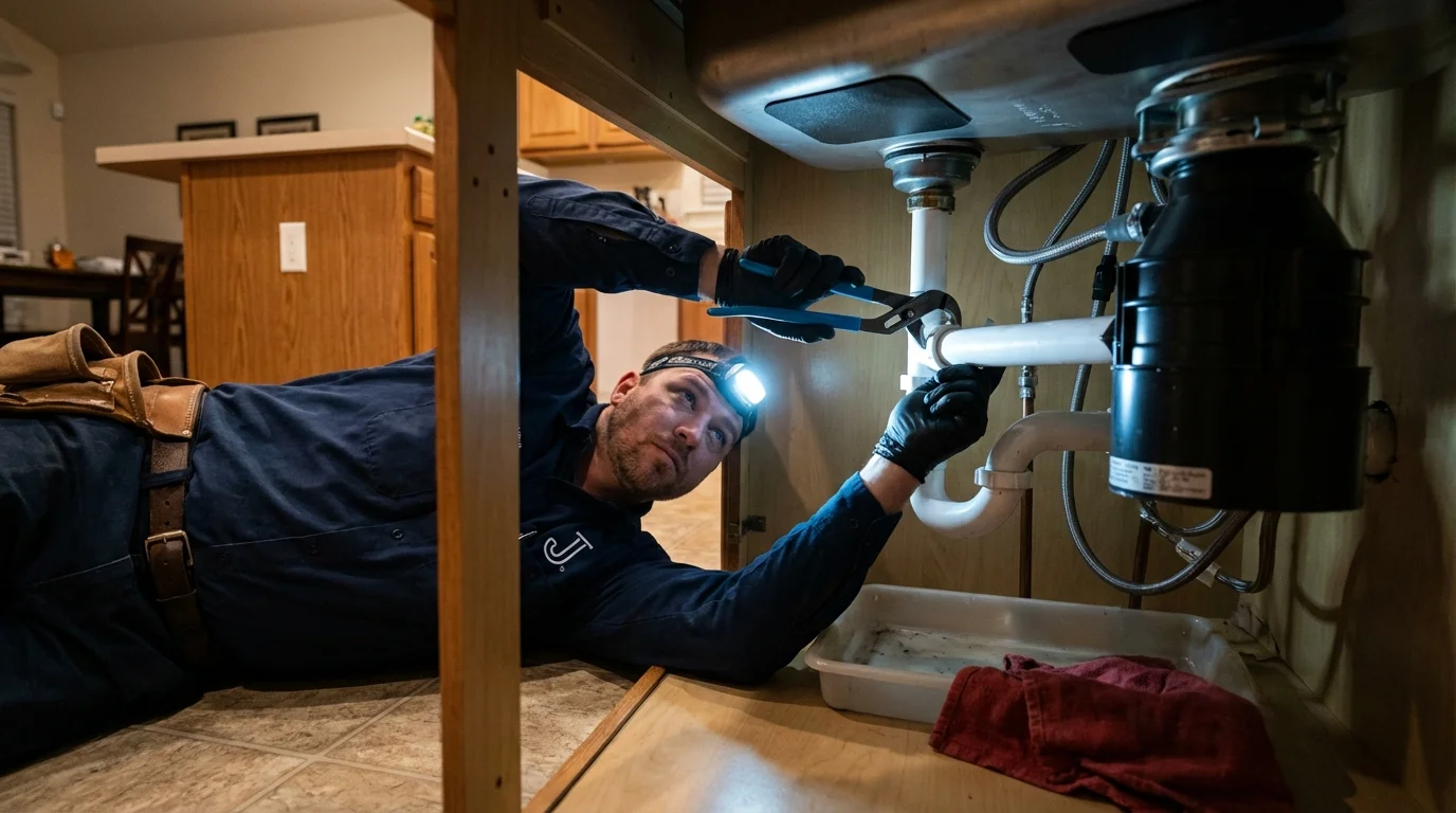 P-trap and supply line connections under a kitchen sink showing a common leak point in Bedford, PA